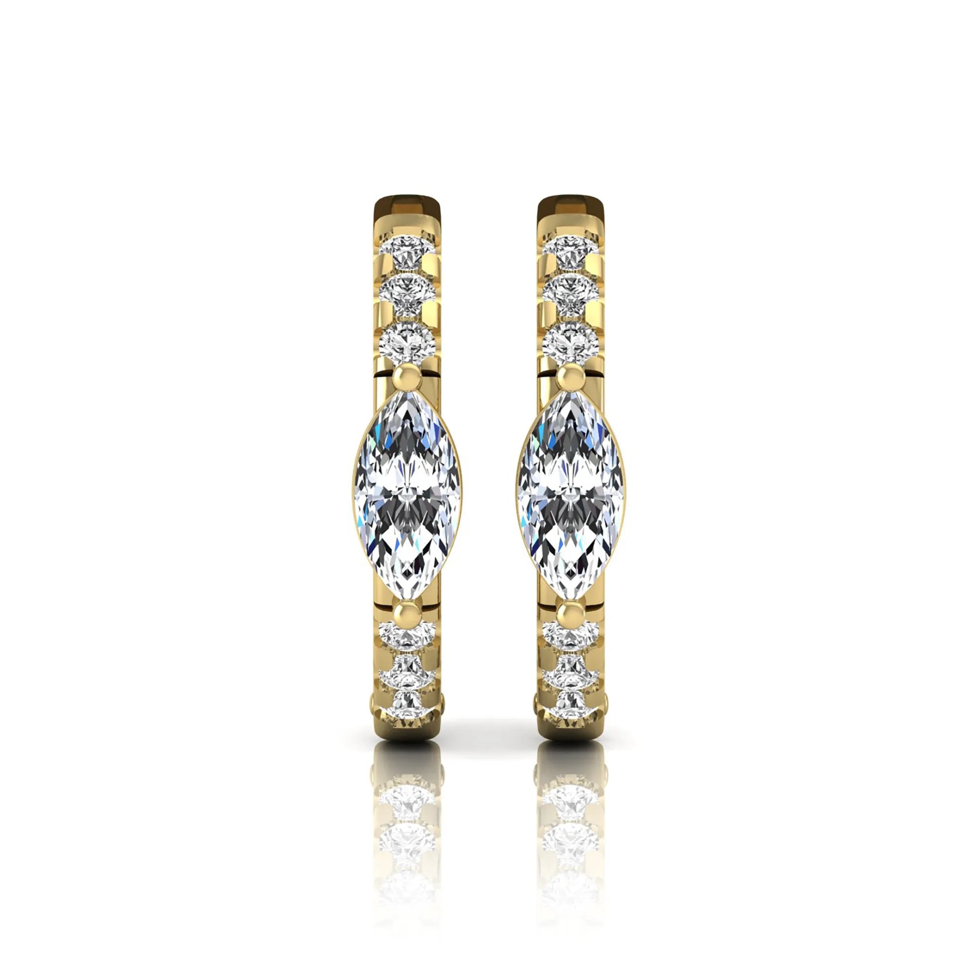 Marquise and round lab grown diamond pavé huggie hoop earrings featuring a vertical four prong marquise center diamond with graduated round pavé diamonds in yellow gold.