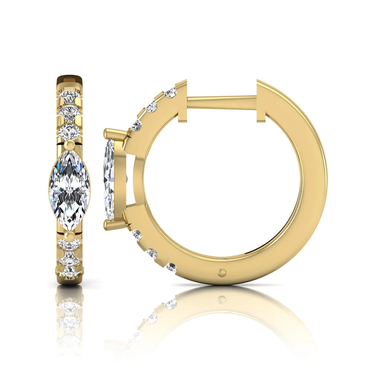 Marquise and round lab grown diamond pavé huggie hoop earrings featuring a vertical four prong marquise center diamond with graduated round pavé diamonds in yellow gold.