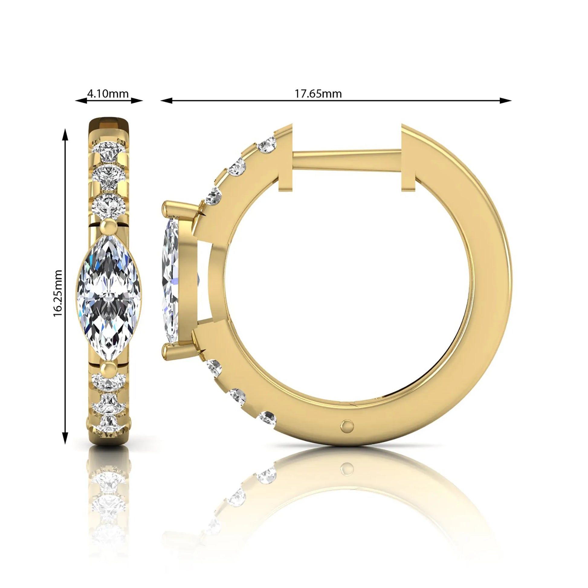 Marquise and round lab grown diamond pavé huggie hoop earrings featuring a vertical four prong marquise center diamond with graduated round pavé diamonds in yellow gold.