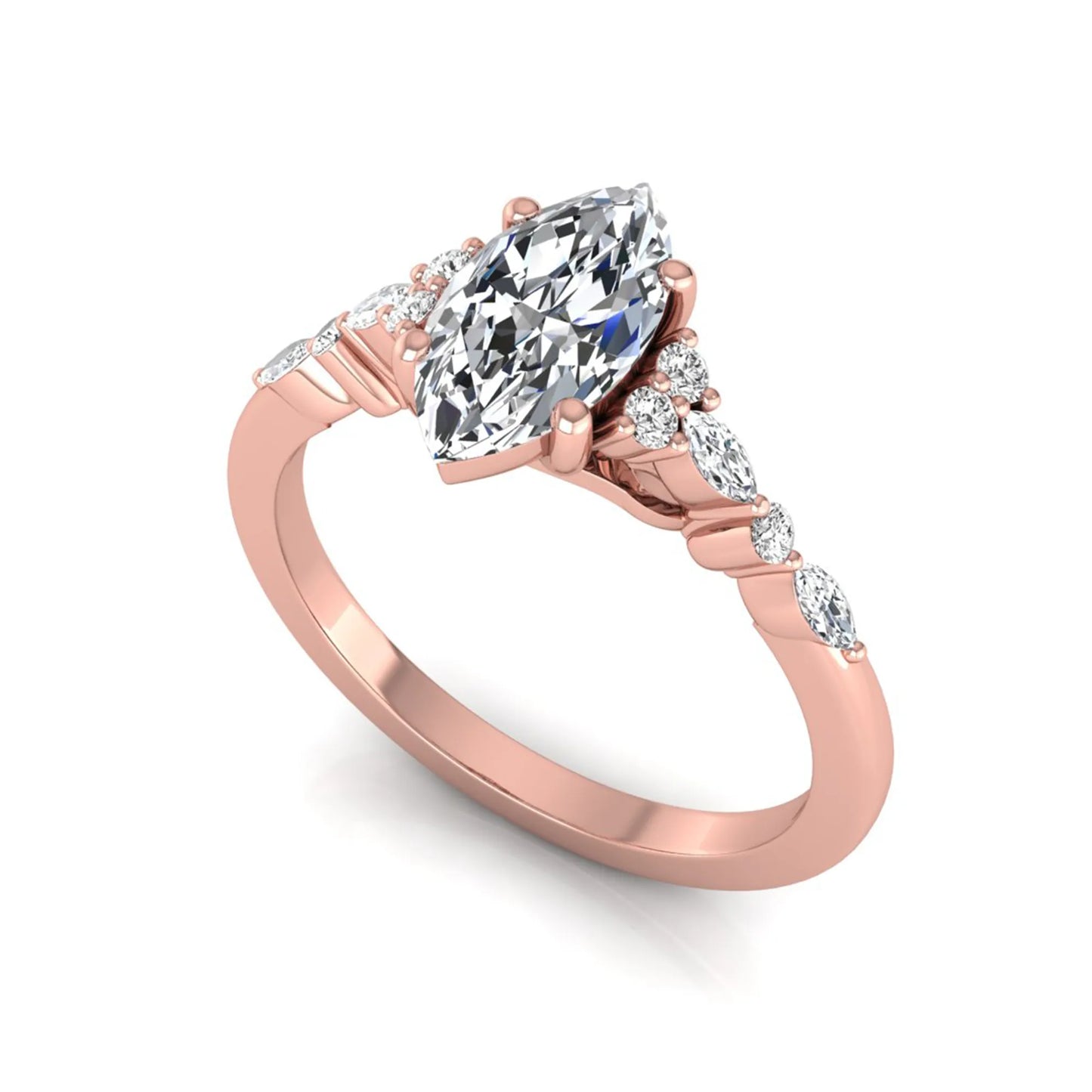 rose gold Marquise cut lab grown diamond engagement ring featuring marquise and round side diamonds in a classic prong setting