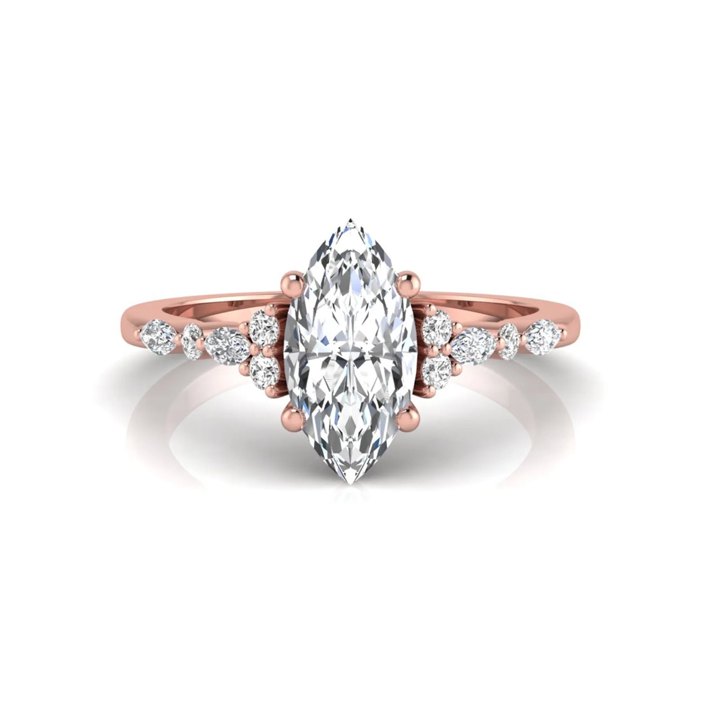 rose gold Marquise cut lab grown diamond engagement ring featuring marquise and round side diamonds in a classic prong setting