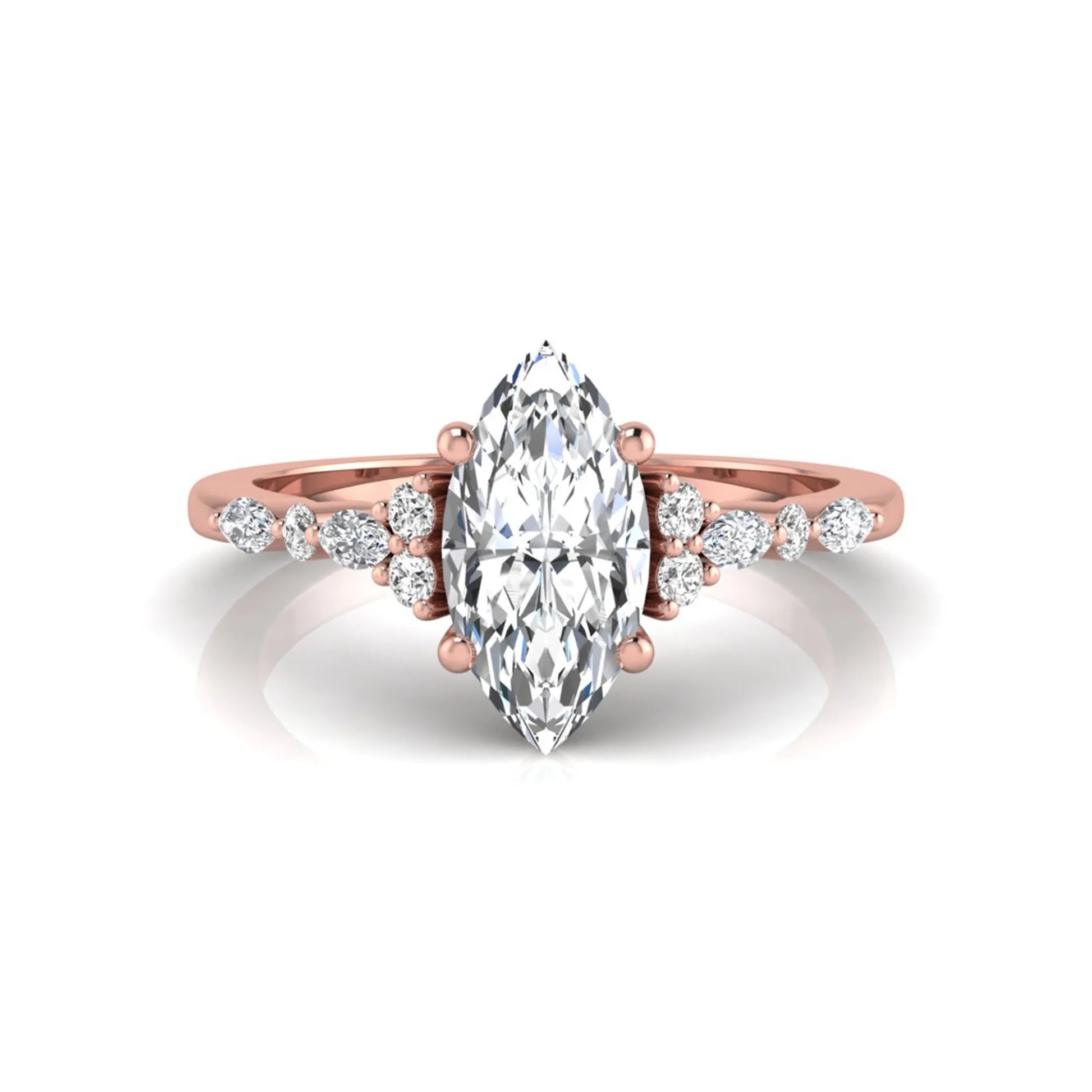 rose gold Marquise cut lab grown diamond engagement ring featuring marquise and round side diamonds in a classic prong setting