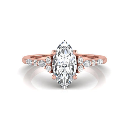 rose gold Marquise cut lab grown diamond engagement ring featuring marquise and round side diamonds in a classic prong setting