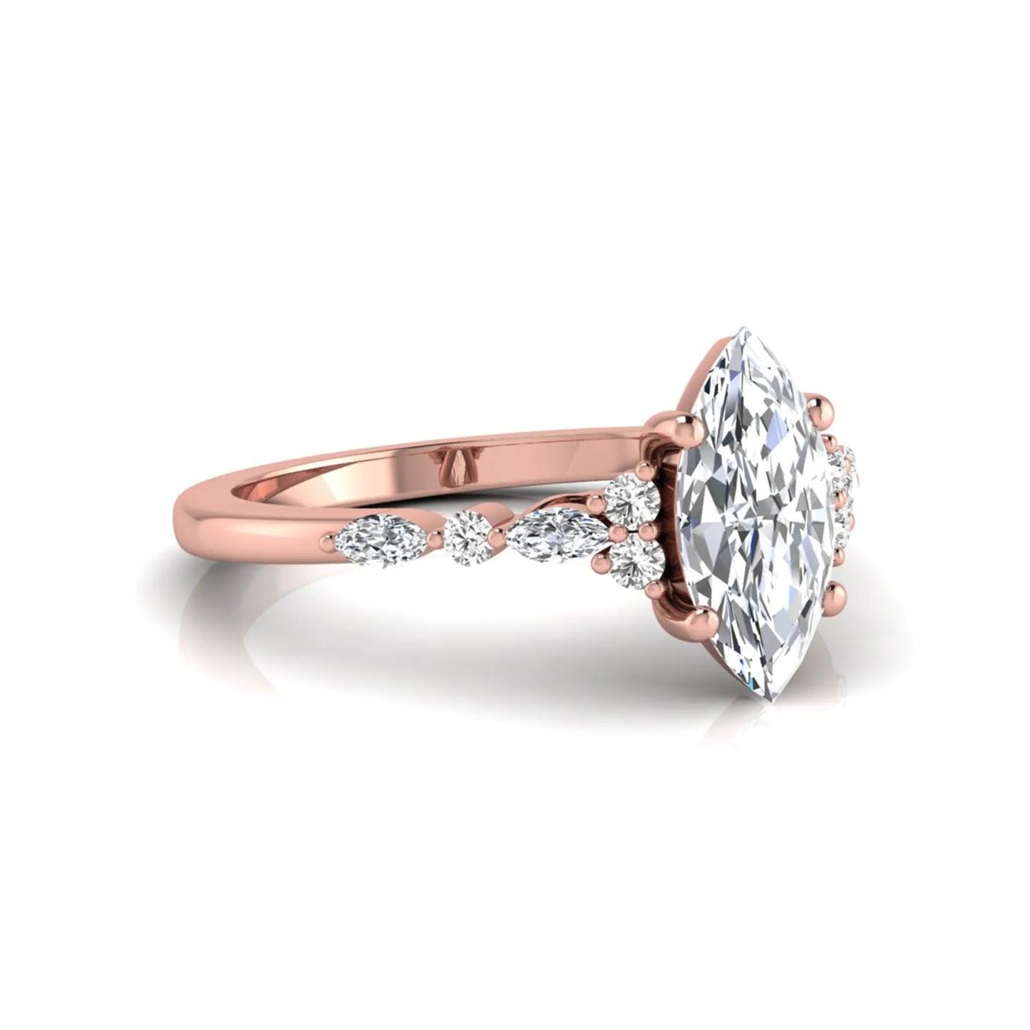 rose gold Marquise cut lab grown diamond engagement ring featuring marquise and round side diamonds in a classic prong setting