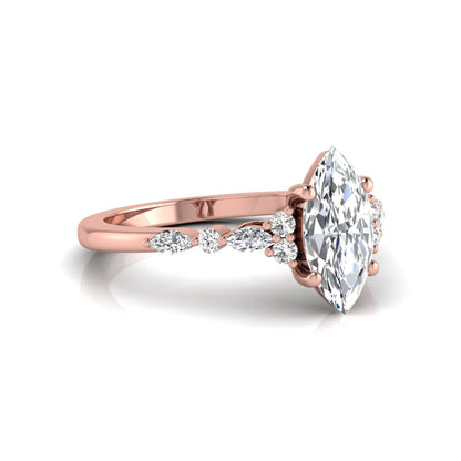 rose gold Marquise cut lab grown diamond engagement ring featuring marquise and round side diamonds in a classic prong setting