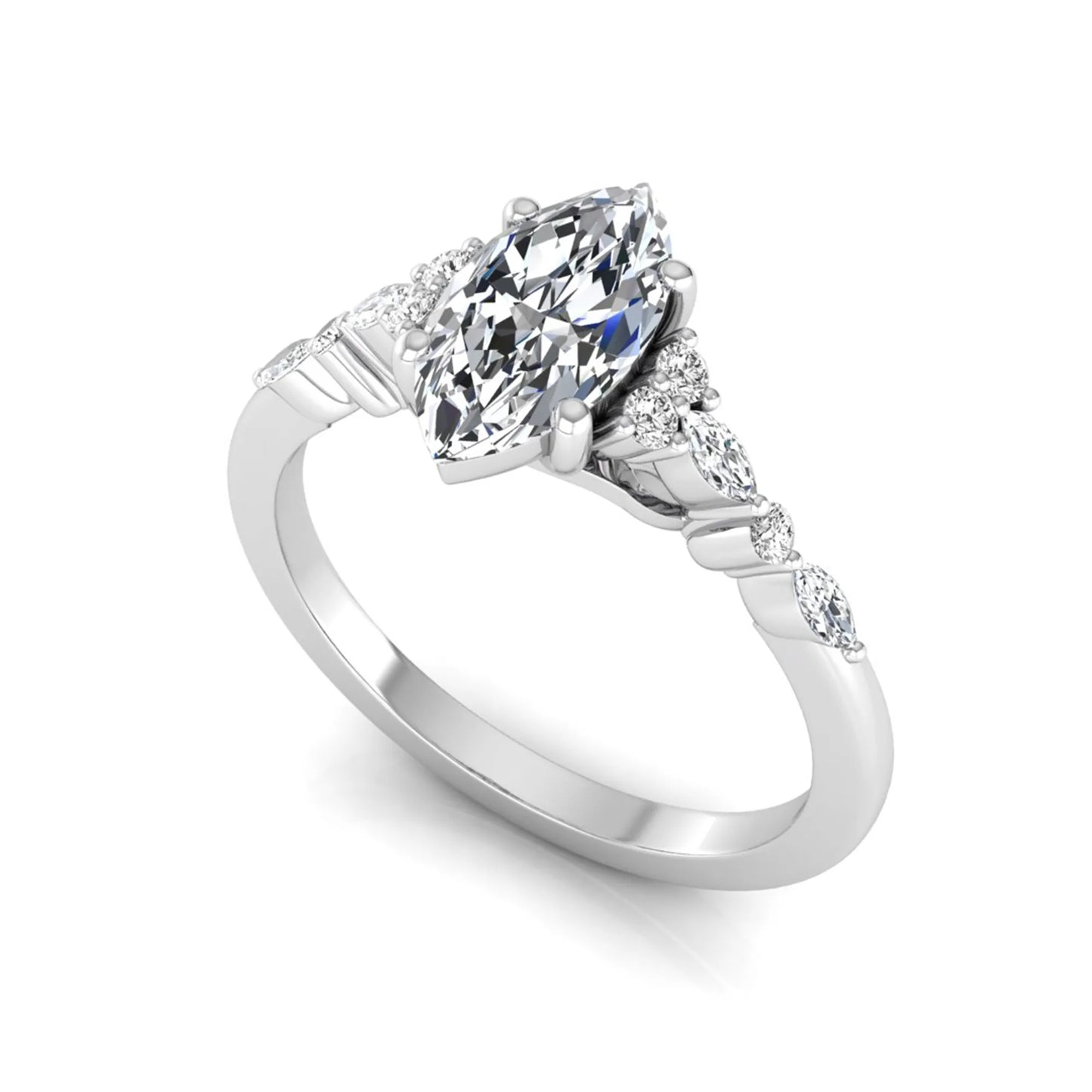 white gold Marquise cut lab grown diamond engagement ring featuring marquise and round side diamonds in a classic prong setting
