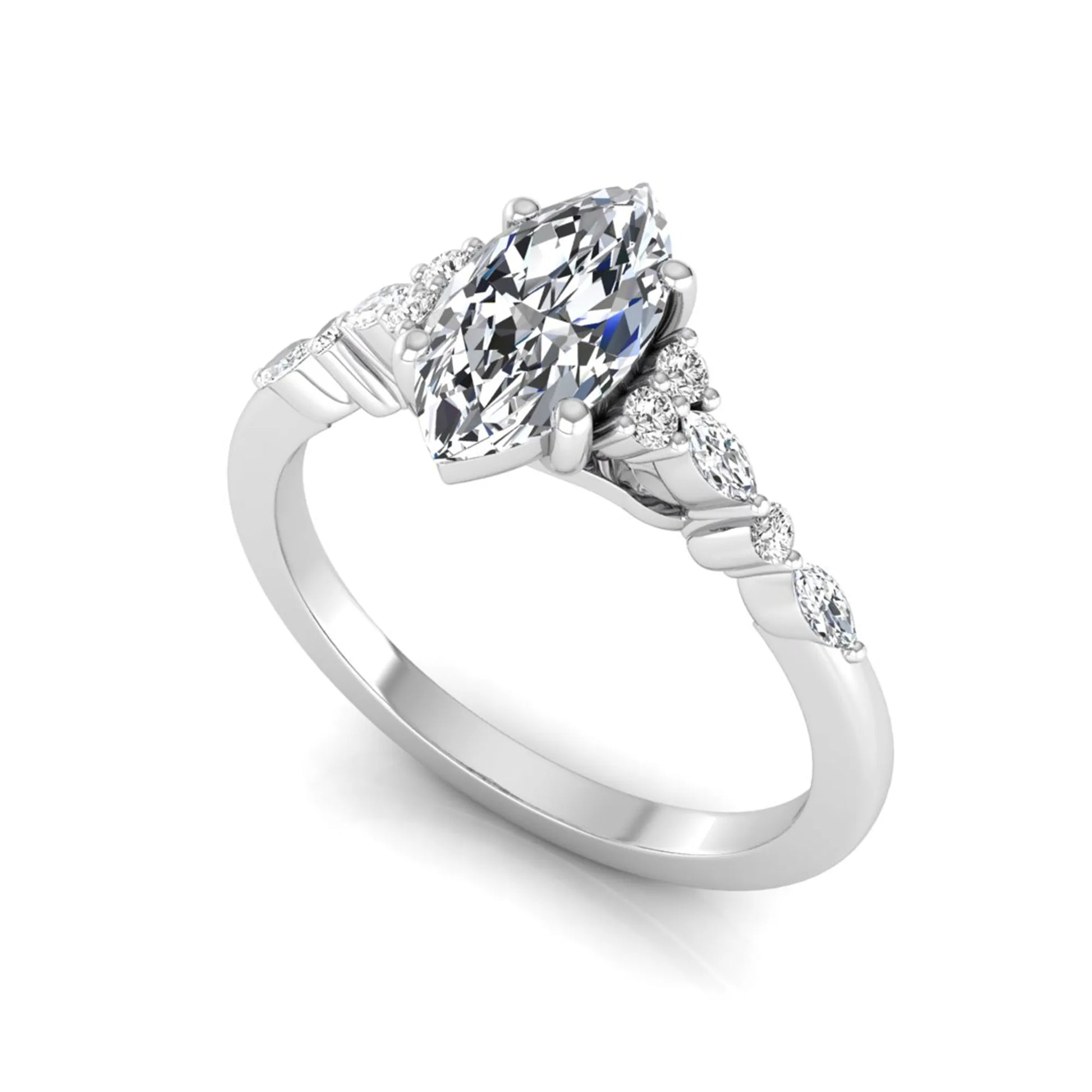 white gold Marquise cut lab grown diamond engagement ring featuring marquise and round side diamonds in a classic prong setting