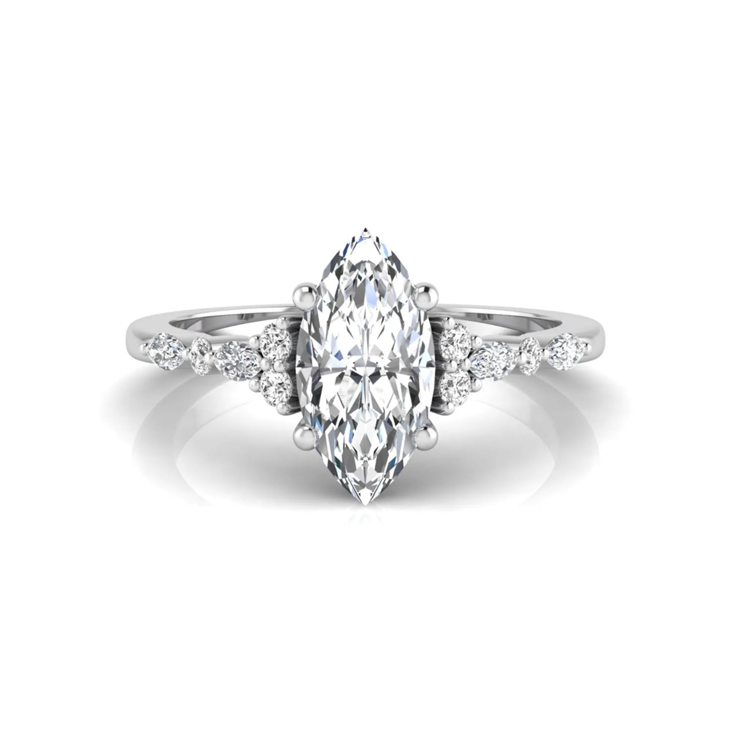 white gold Marquise cut lab grown diamond engagement ring featuring marquise and round side diamonds in a classic prong setting