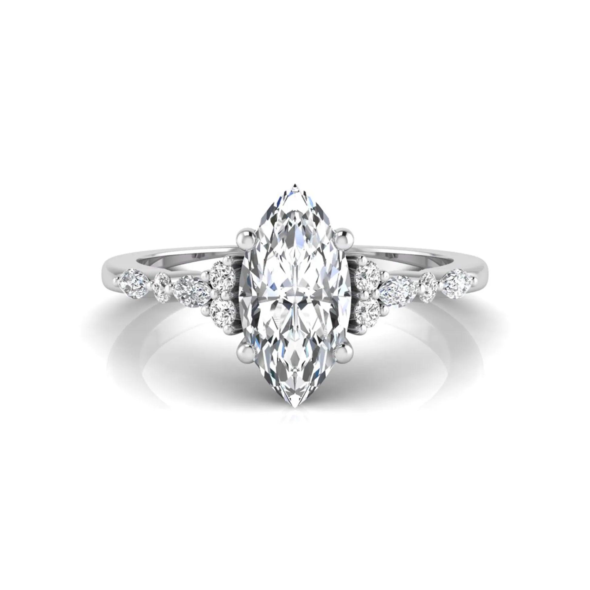 white gold Marquise cut lab grown diamond engagement ring featuring marquise and round side diamonds in a classic prong setting