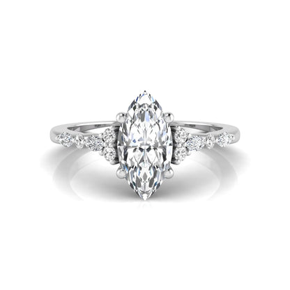 white gold Marquise cut lab grown diamond engagement ring featuring marquise and round side diamonds in a classic prong setting