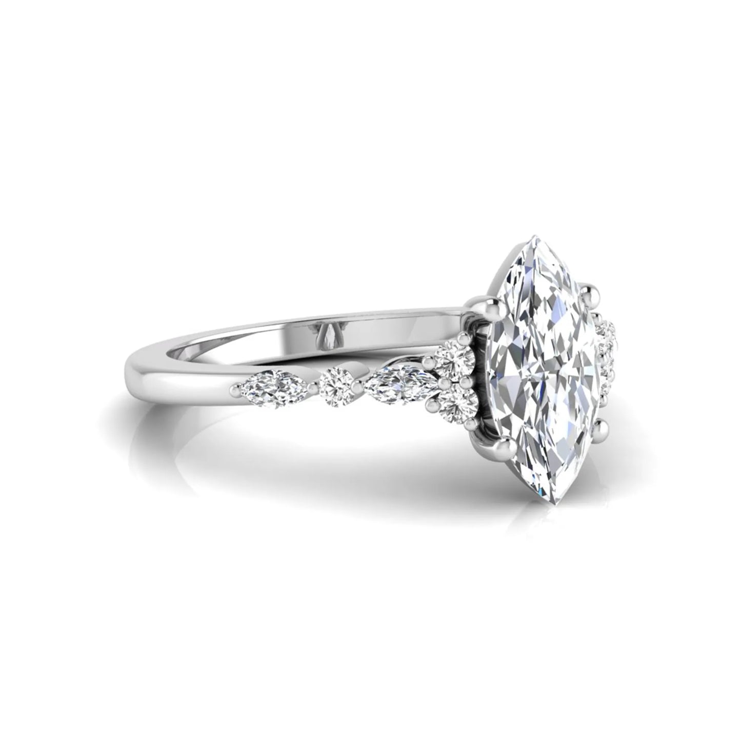 white gold Marquise cut lab grown diamond engagement ring featuring marquise and round side diamonds in a classic prong setting
