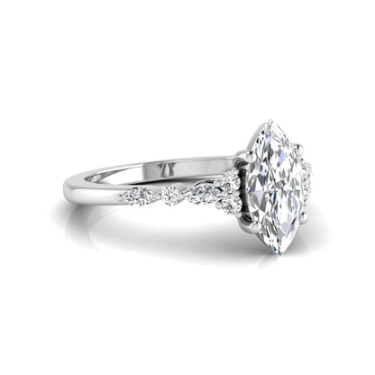 white gold Marquise cut lab grown diamond engagement ring featuring marquise and round side diamonds in a classic prong setting