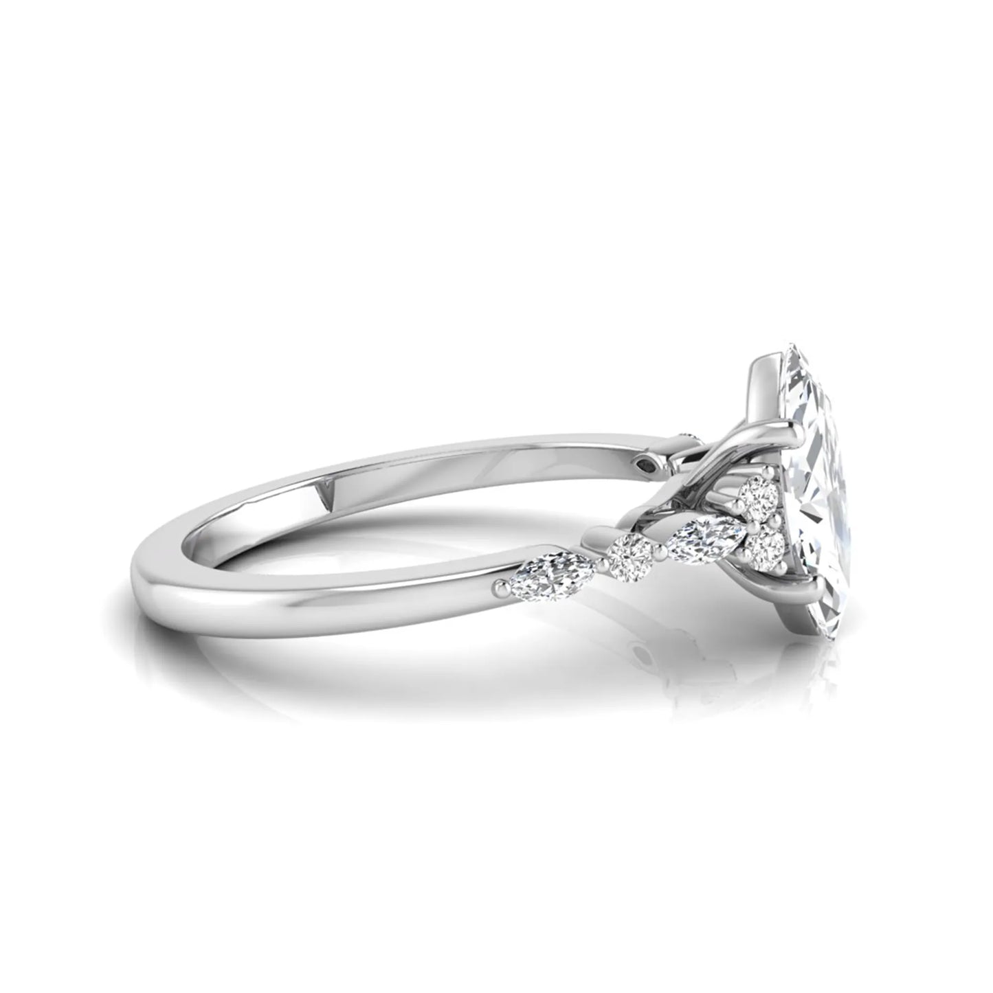 white gold Marquise cut lab grown diamond engagement ring featuring marquise and round side diamonds in a classic prong setting