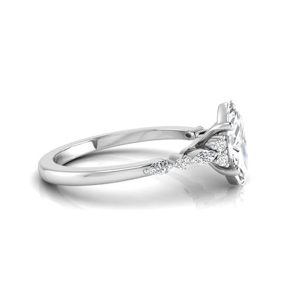 white gold Marquise cut lab grown diamond engagement ring featuring marquise and round side diamonds in a classic prong setting