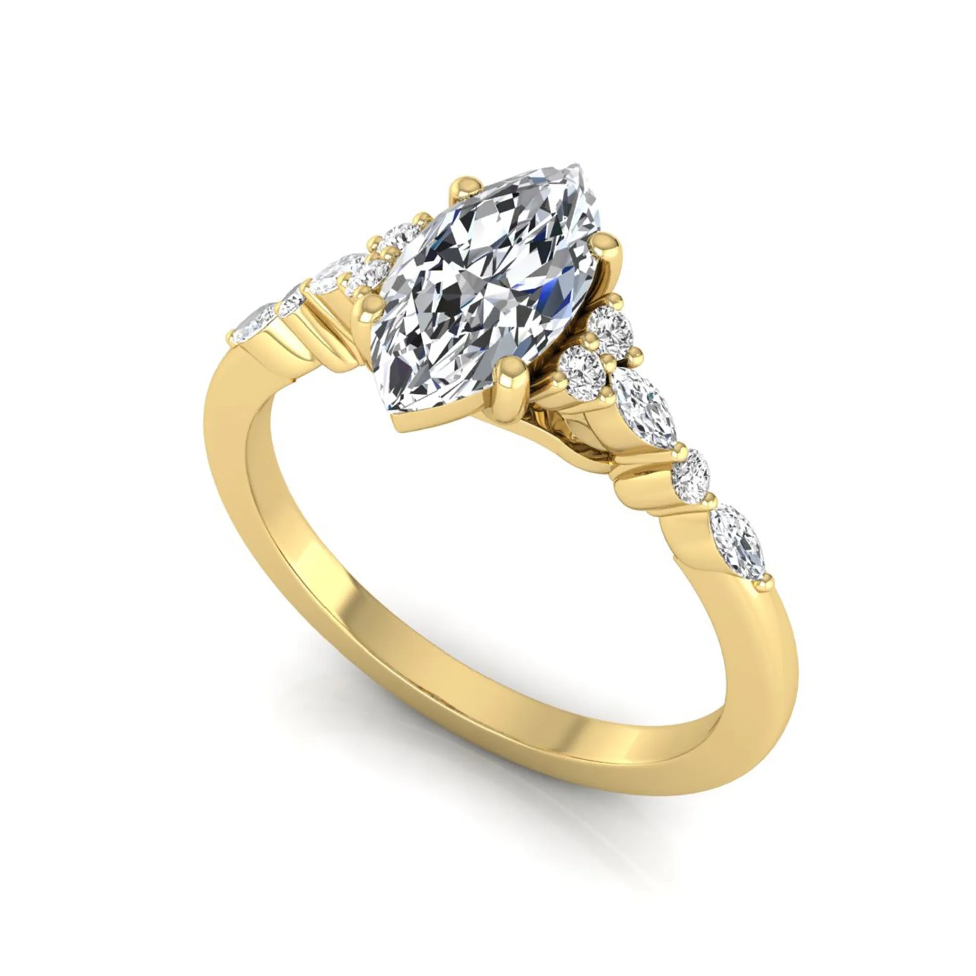 yellow gold Marquise cut lab grown diamond engagement ring featuring marquise and round side diamonds in a classic prong setting