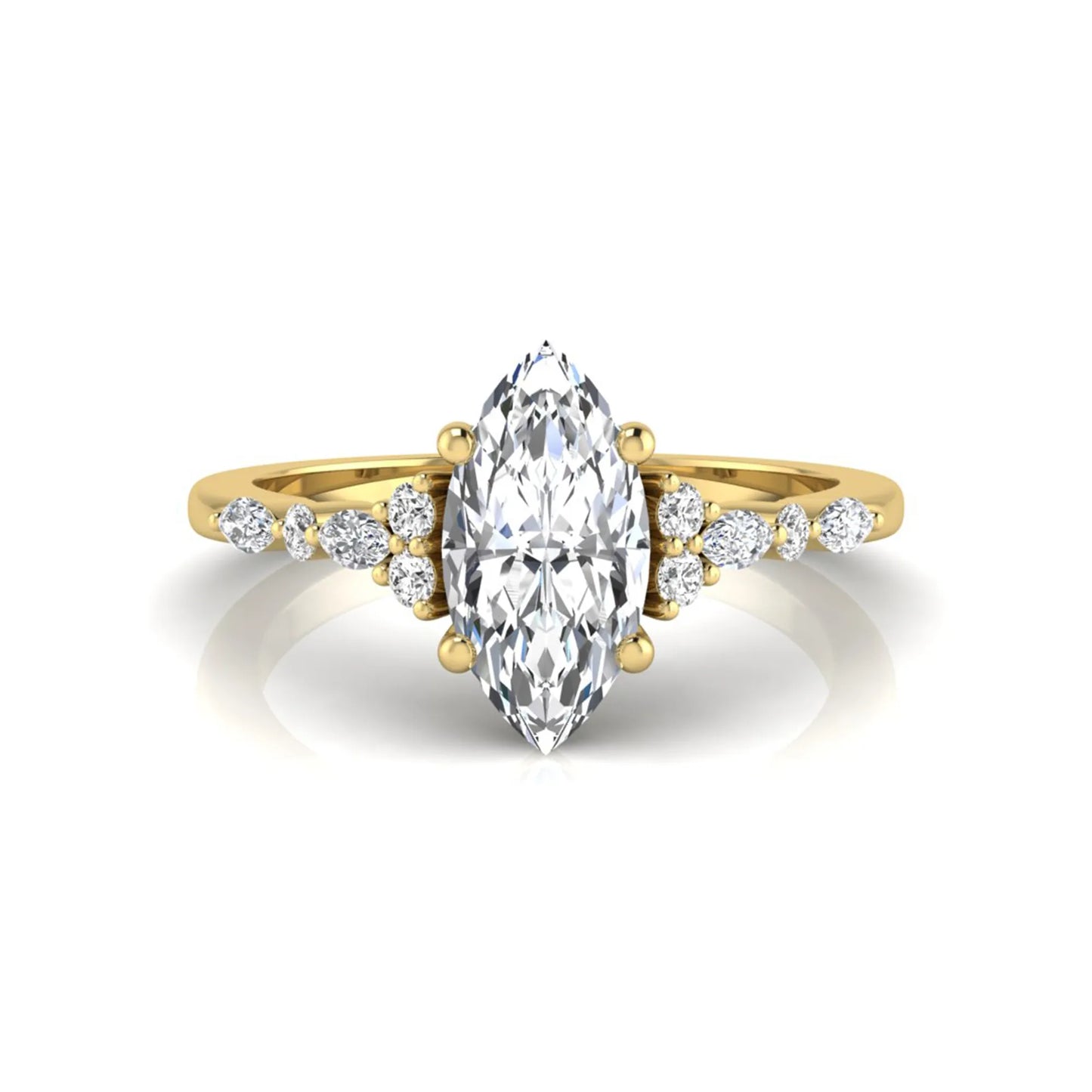 yellow gold Marquise cut lab grown diamond engagement ring featuring marquise and round side diamonds in a classic prong setting