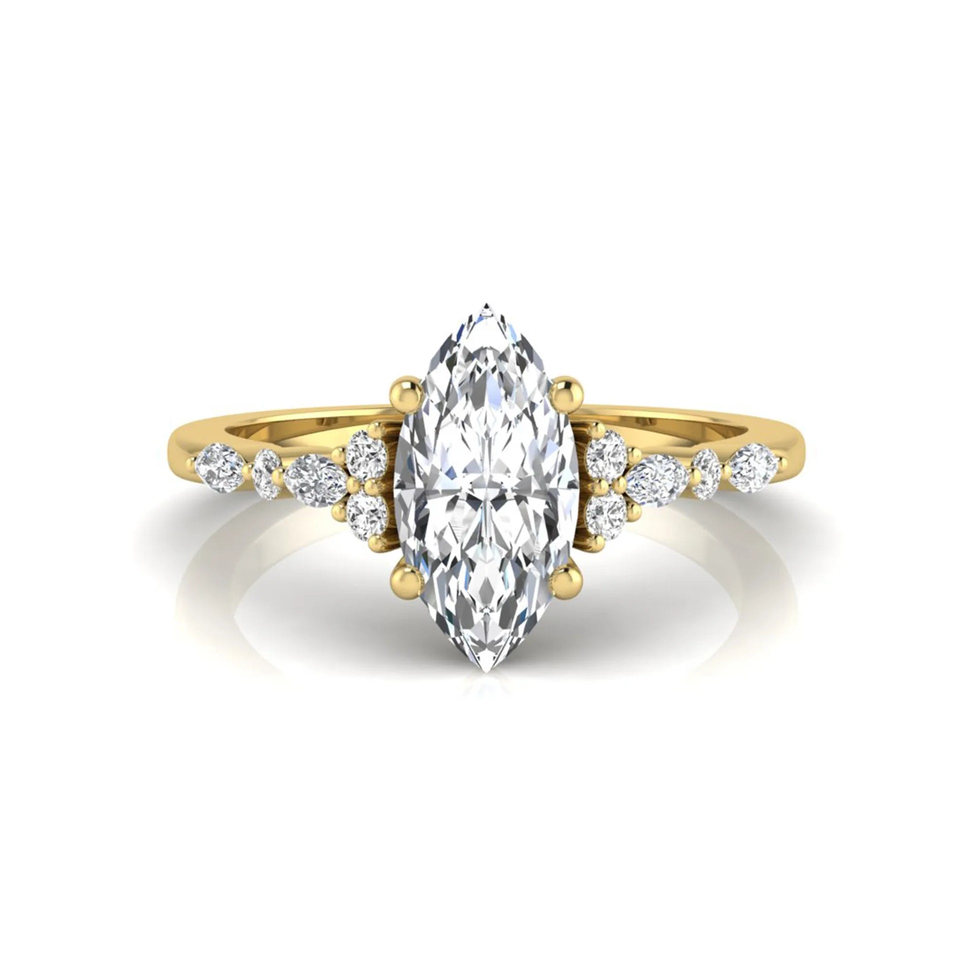 yellow gold Marquise cut lab grown diamond engagement ring featuring marquise and round side diamonds in a classic prong setting