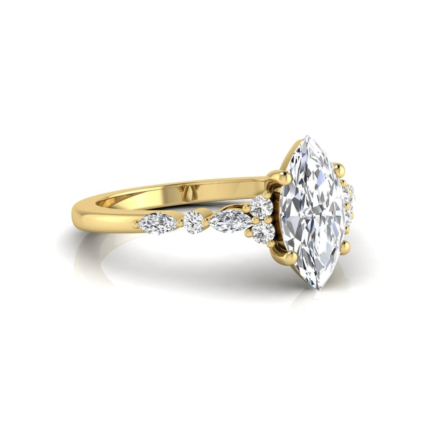 yellow gold Marquise cut lab grown diamond engagement ring featuring marquise and round side diamonds in a classic prong setting