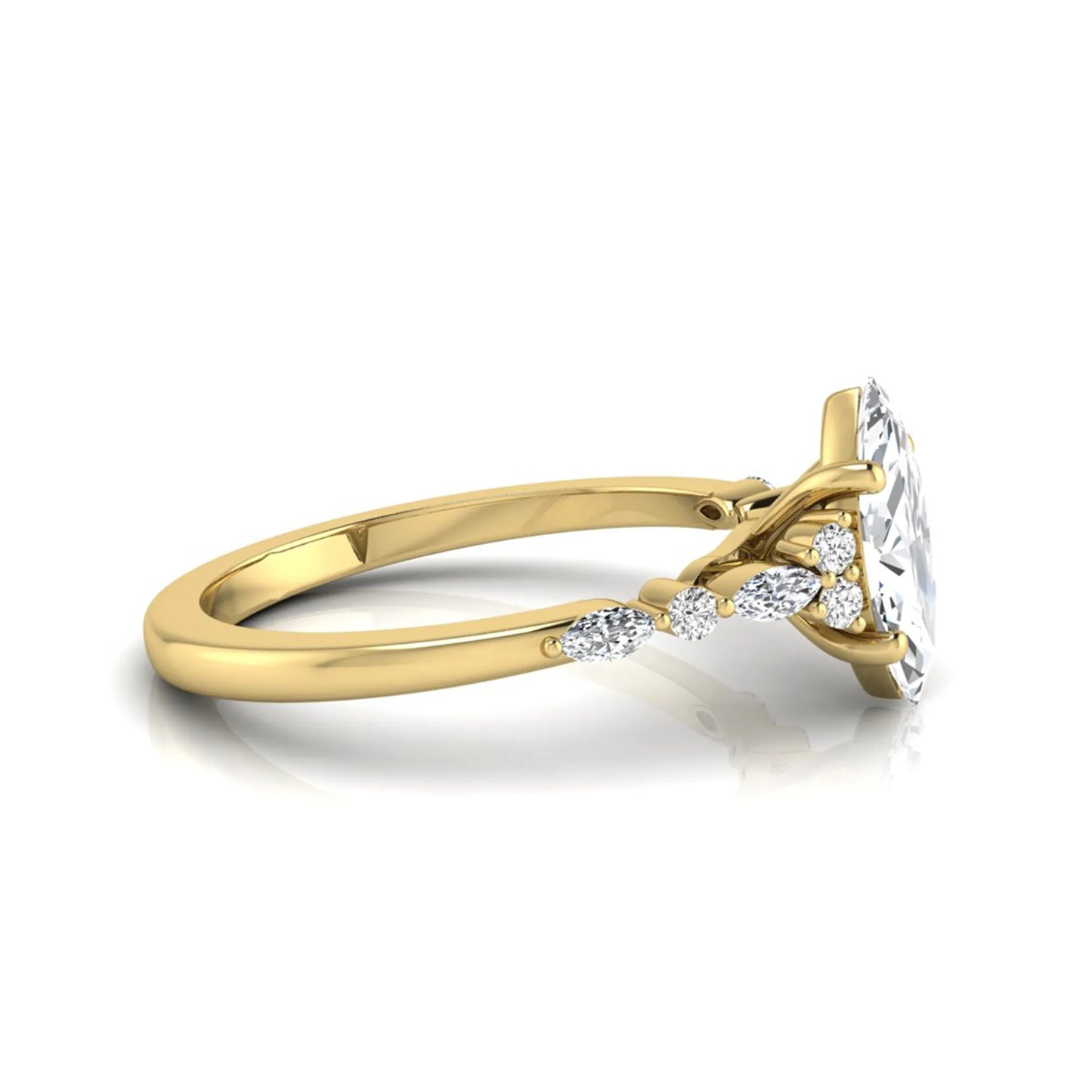 yellow gold Marquise cut lab grown diamond engagement ring featuring marquise and round side diamonds in a classic prong setting