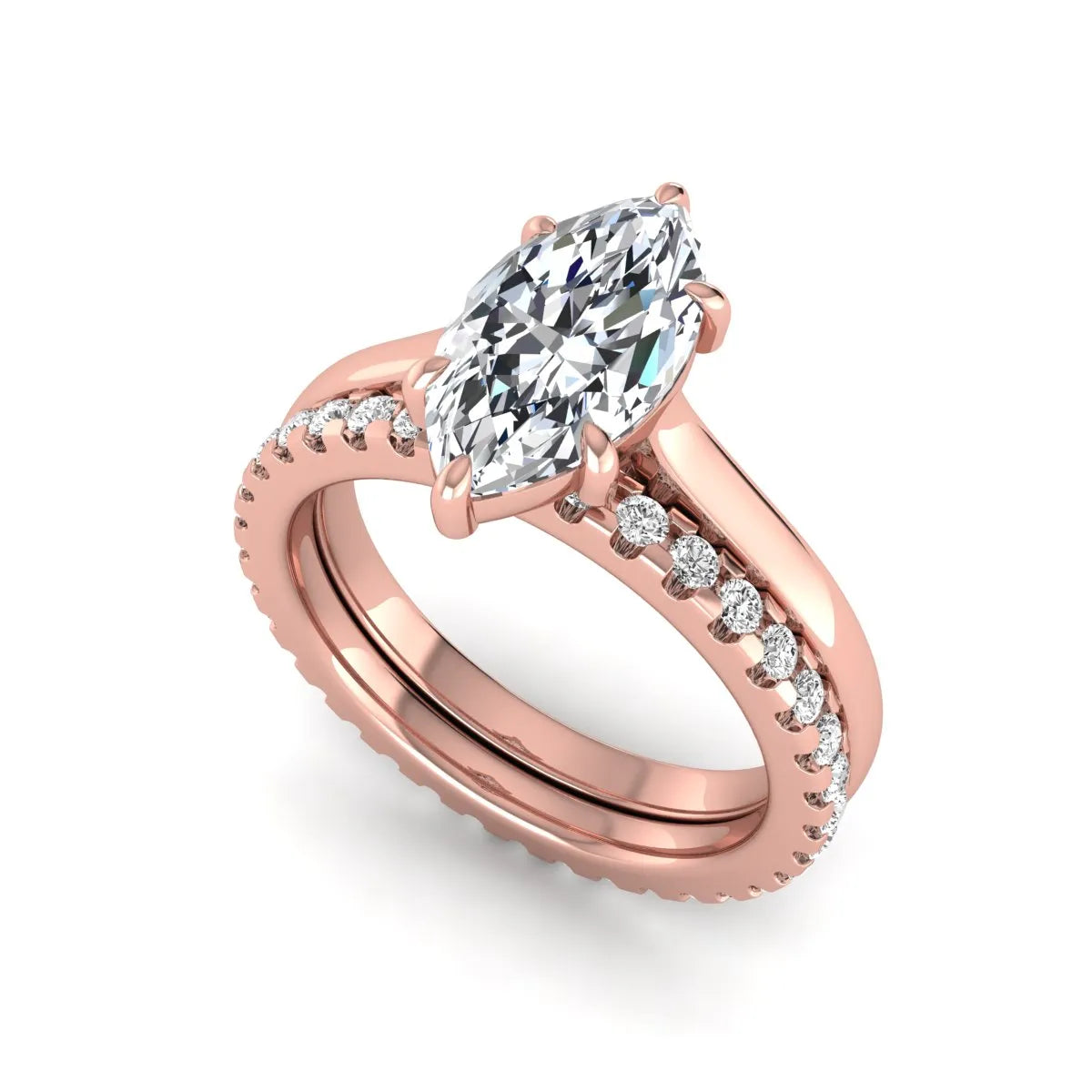 Marquise cut lab grown diamond bridal ring set featuring a six prong solitaire engagement ring with a matching round diamond eternity wedding band in rose gold tone.