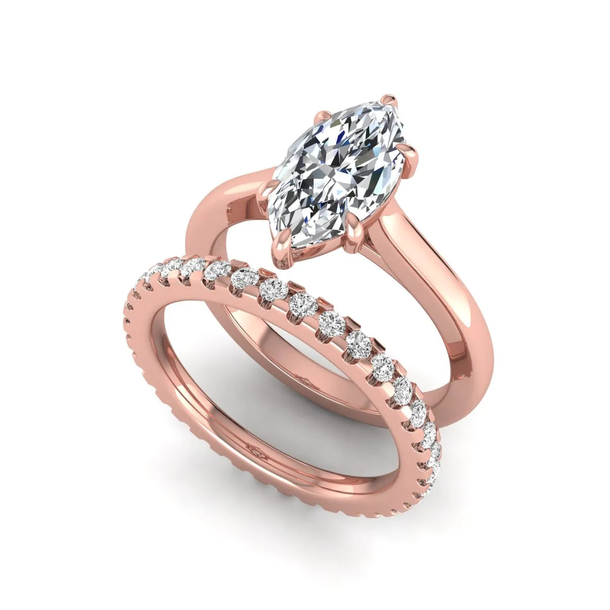 Marquise cut lab grown diamond bridal ring set featuring a six prong solitaire engagement ring with a matching round diamond eternity wedding band in rose gold tone.