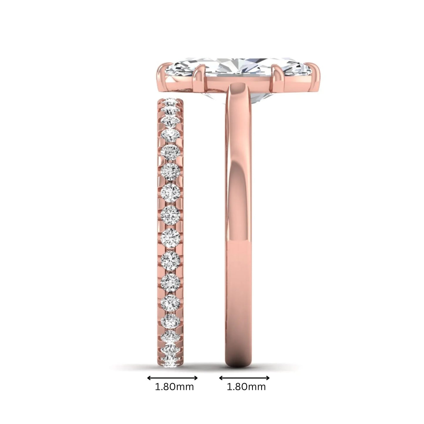 Marquise cut lab grown diamond bridal ring set featuring a six prong solitaire engagement ring with a matching round diamond eternity wedding band in rose gold tone.