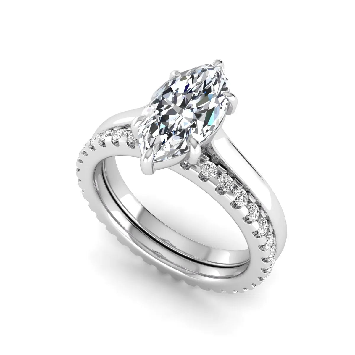Marquise cut lab grown diamond bridal ring set featuring a six prong solitaire engagement ring with a matching round diamond eternity wedding band in white gold tone.