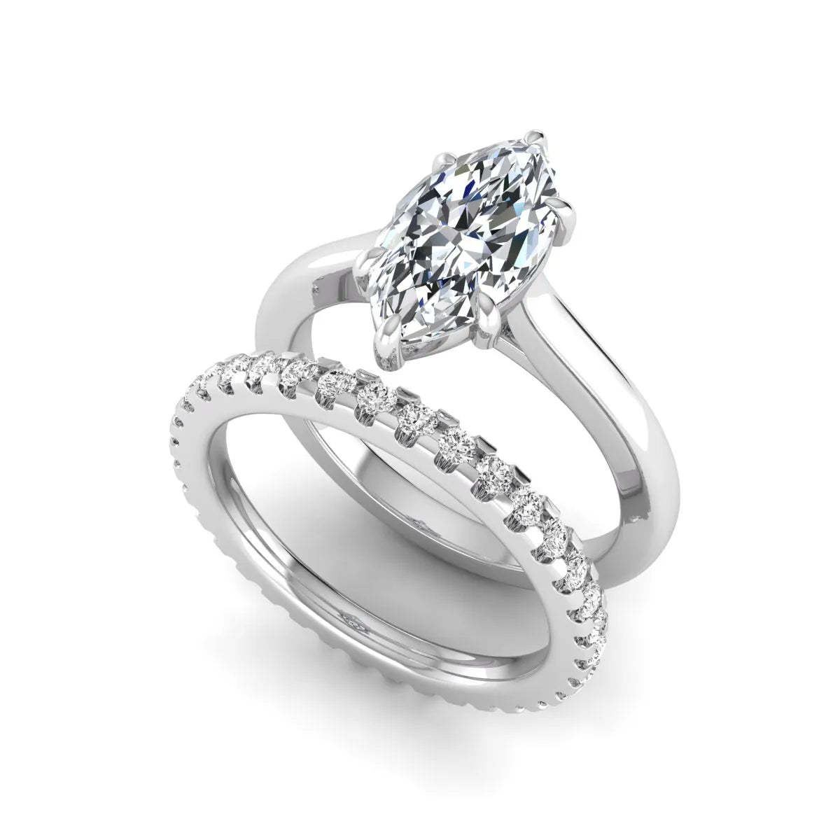 Marquise cut lab grown diamond bridal ring set featuring a six prong solitaire engagement ring with a matching round diamond eternity wedding band in white gold tone.