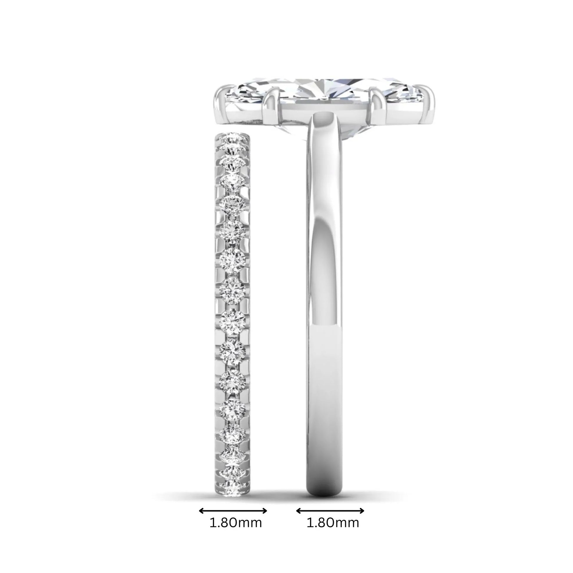 Marquise cut lab grown diamond bridal ring set featuring a six prong solitaire engagement ring with a matching round diamond eternity wedding band in white gold tone.