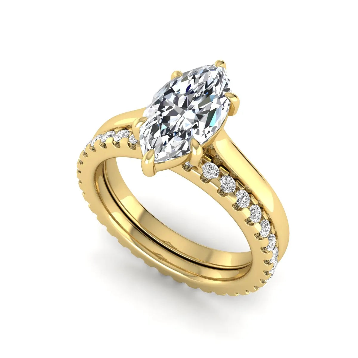 Marquise cut lab grown diamond bridal ring set featuring a six prong solitaire engagement ring with a matching round diamond eternity wedding band in yellow gold tone.