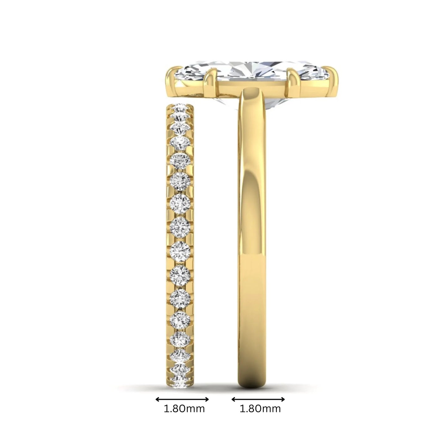 Marquise cut lab grown diamond bridal ring set featuring a six prong solitaire engagement ring with a matching round diamond eternity wedding band in yellow gold tone.