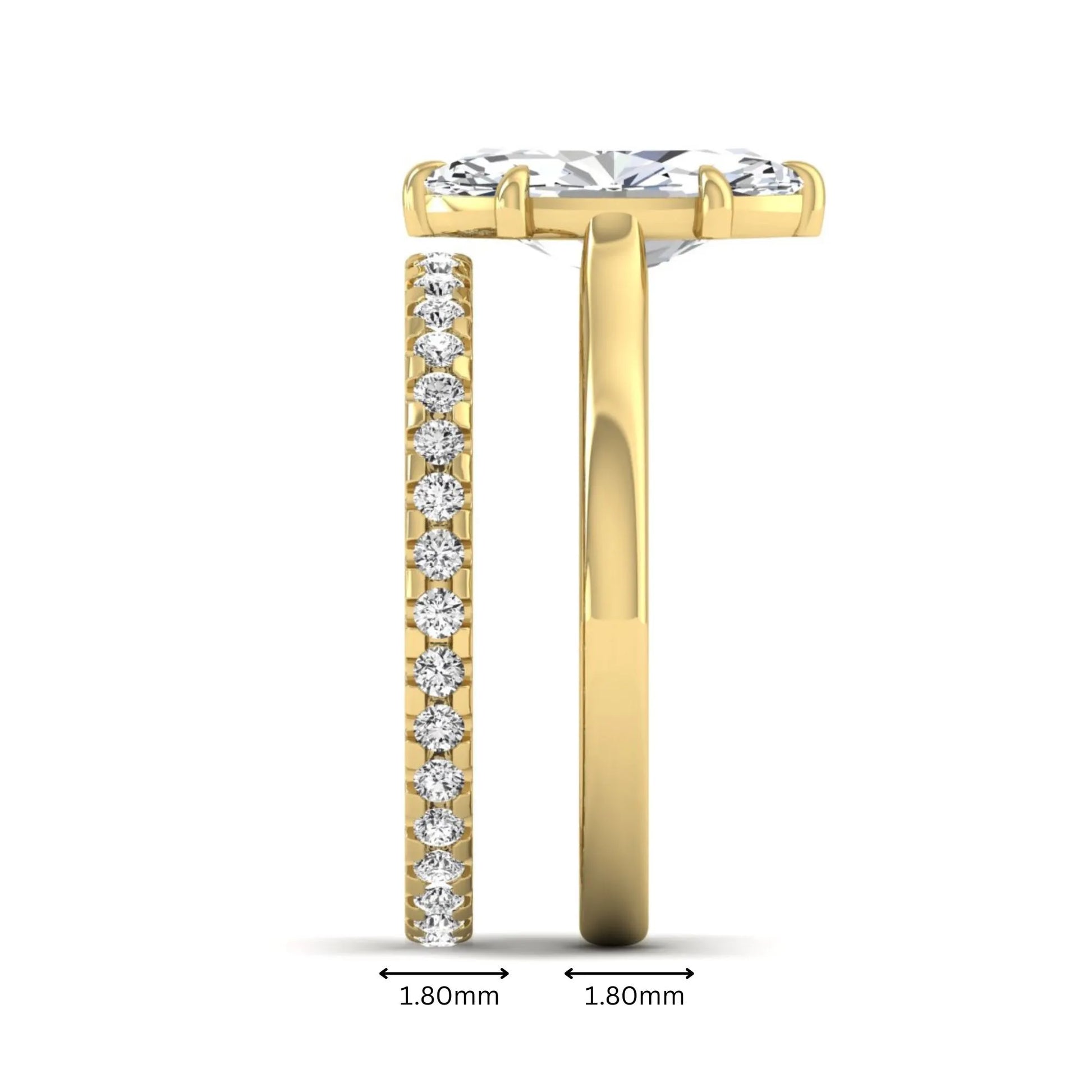 Marquise cut lab grown diamond bridal ring set featuring a six prong solitaire engagement ring with a matching round diamond eternity wedding band in yellow gold tone.