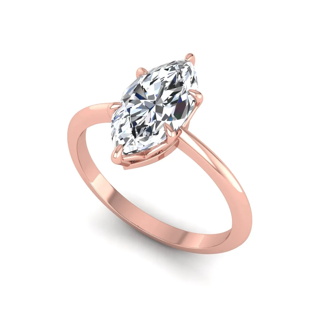 Marquise cut lab grown diamond solitaire engagement ring featuring a six prong basket setting with a polished 2 mm band in rose gold tone.