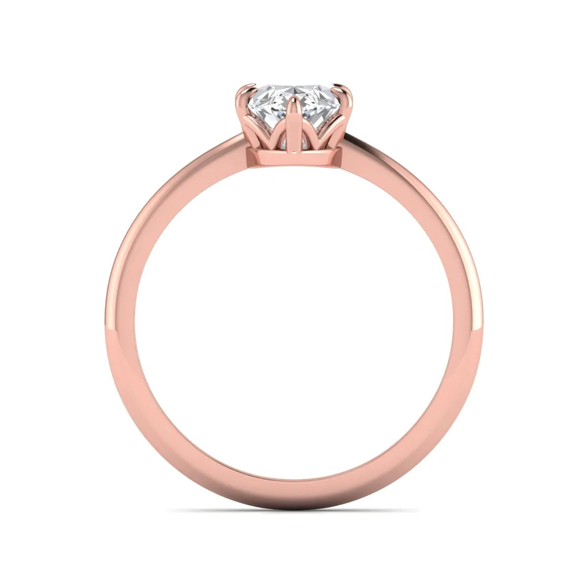 Marquise cut lab grown diamond solitaire engagement ring featuring a six prong basket setting with a polished 2 mm band in rose gold tone.