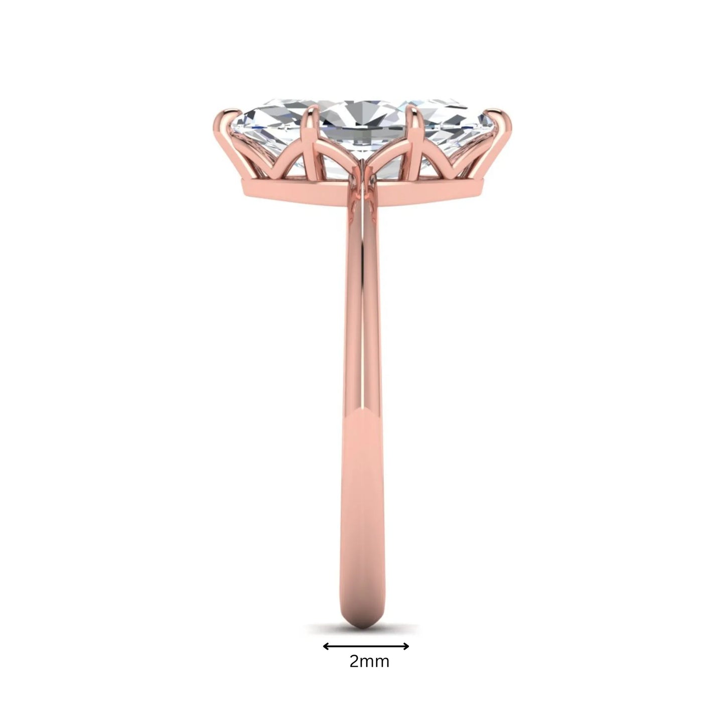 Marquise cut lab grown diamond solitaire engagement ring featuring a six prong basket setting with a polished 2 mm band in rose gold tone.