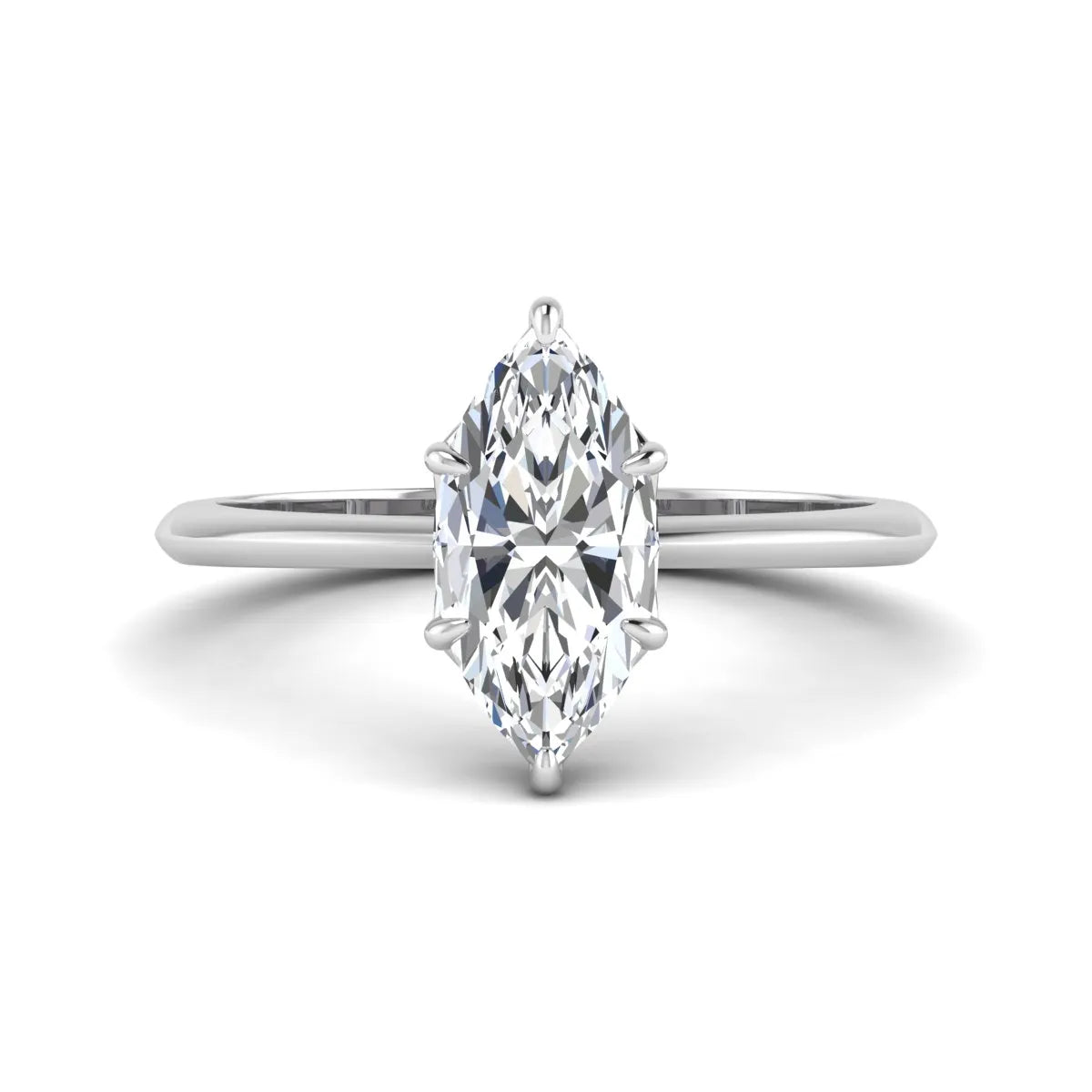 Marquise cut lab grown diamond solitaire engagement ring featuring a six prong basket setting with a polished 2 mm band in white gold tone.