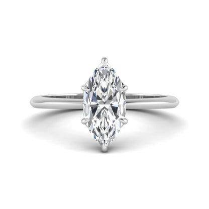 Marquise cut lab grown diamond solitaire engagement ring featuring a six prong basket setting with a polished 2 mm band in white gold tone.