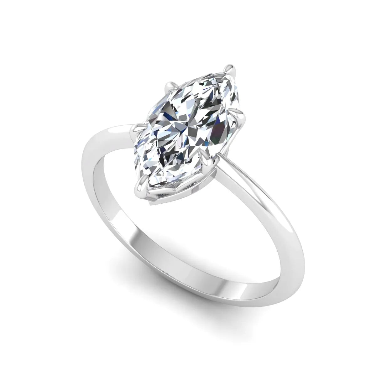 Marquise cut lab grown diamond solitaire engagement ring featuring a six prong basket setting with a polished 2 mm band in white gold tone.