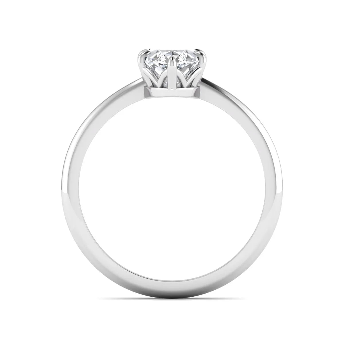 Marquise cut lab grown diamond solitaire engagement ring featuring a six prong basket setting with a polished 2 mm band in white gold tone.