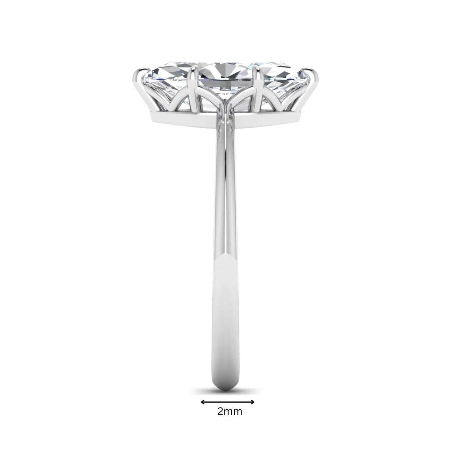 Marquise cut lab grown diamond solitaire engagement ring featuring a six prong basket setting with a polished 2 mm band in white gold tone.