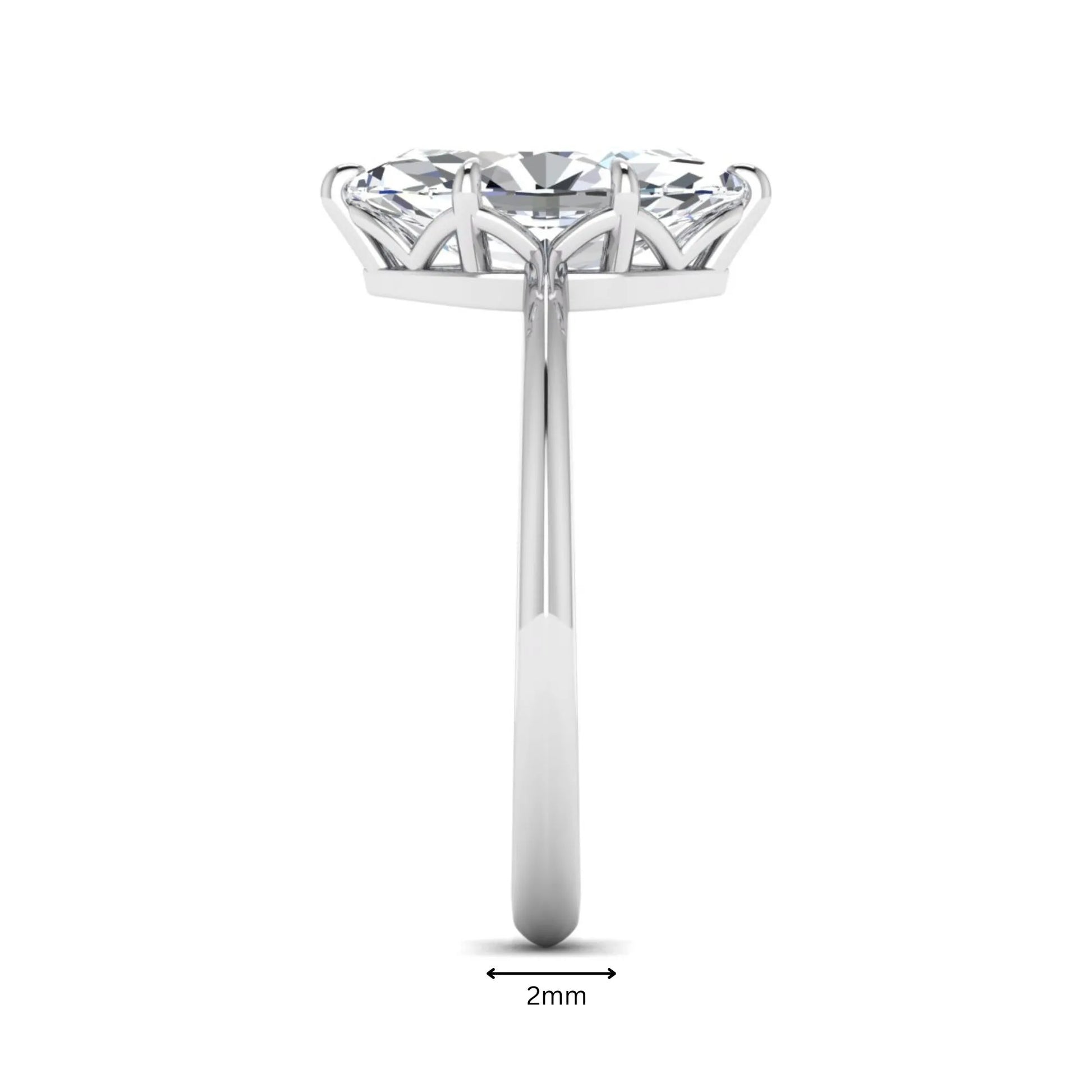 Marquise cut lab grown diamond solitaire engagement ring featuring a six prong basket setting with a polished 2 mm band in white gold tone.