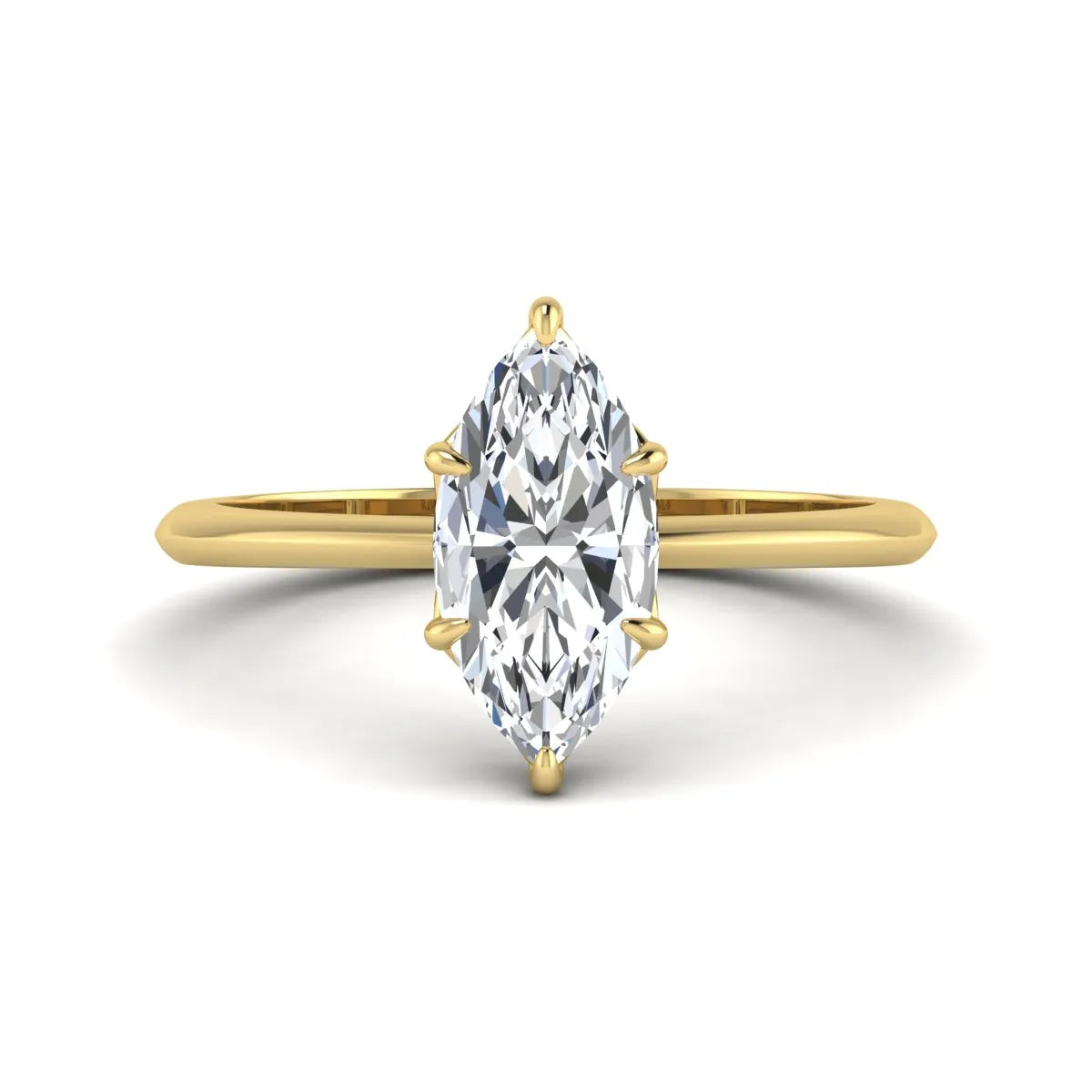Marquise cut lab grown diamond solitaire engagement ring featuring a six prong basket setting with a polished 2 mm band in yellow gold tone.