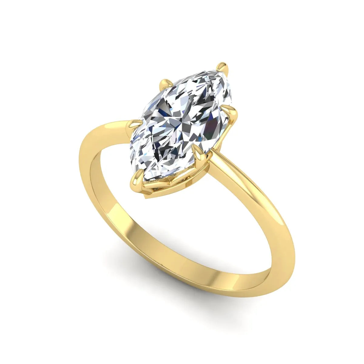 Marquise cut lab grown diamond solitaire engagement ring featuring a six prong basket setting with a polished 2 mm band in yellow gold tone.