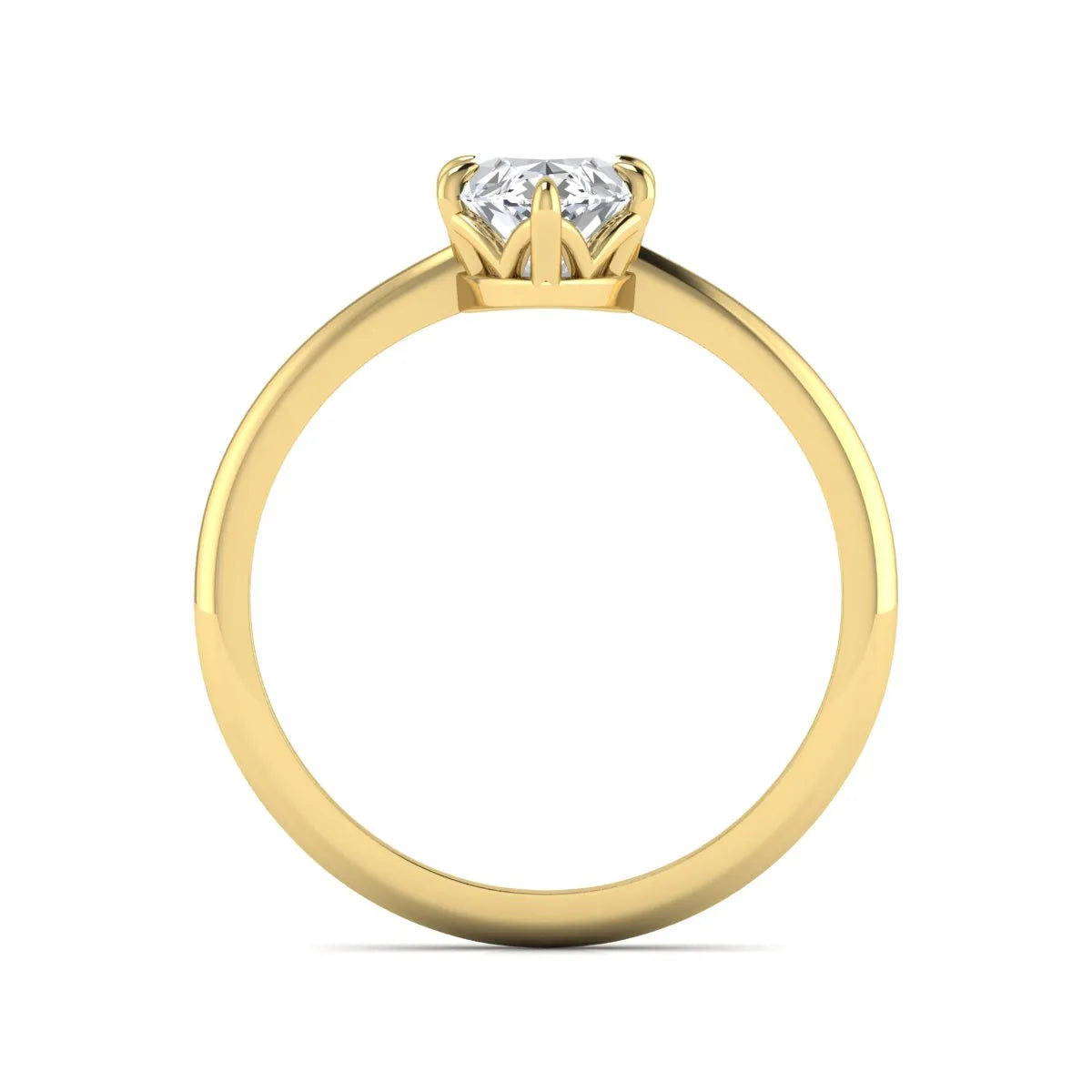 Marquise cut lab grown diamond solitaire engagement ring featuring a six prong basket setting with a polished 2 mm band in yellow gold tone.