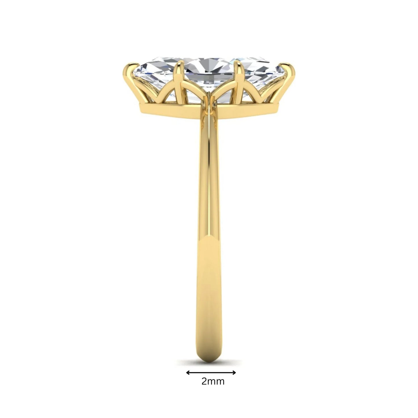 Marquise cut lab grown diamond solitaire engagement ring featuring a six prong basket setting with a polished 2 mm band in yellow gold tone.