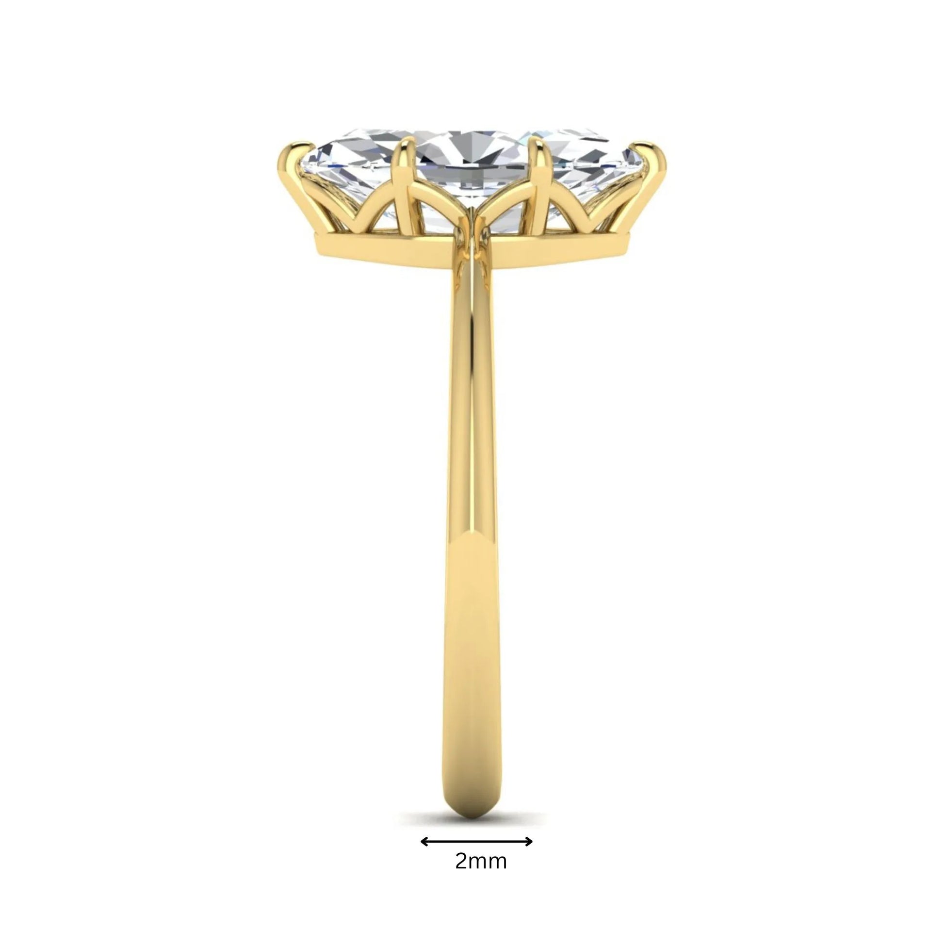 Marquise cut lab grown diamond solitaire engagement ring featuring a six prong basket setting with a polished 2 mm band in yellow gold tone.