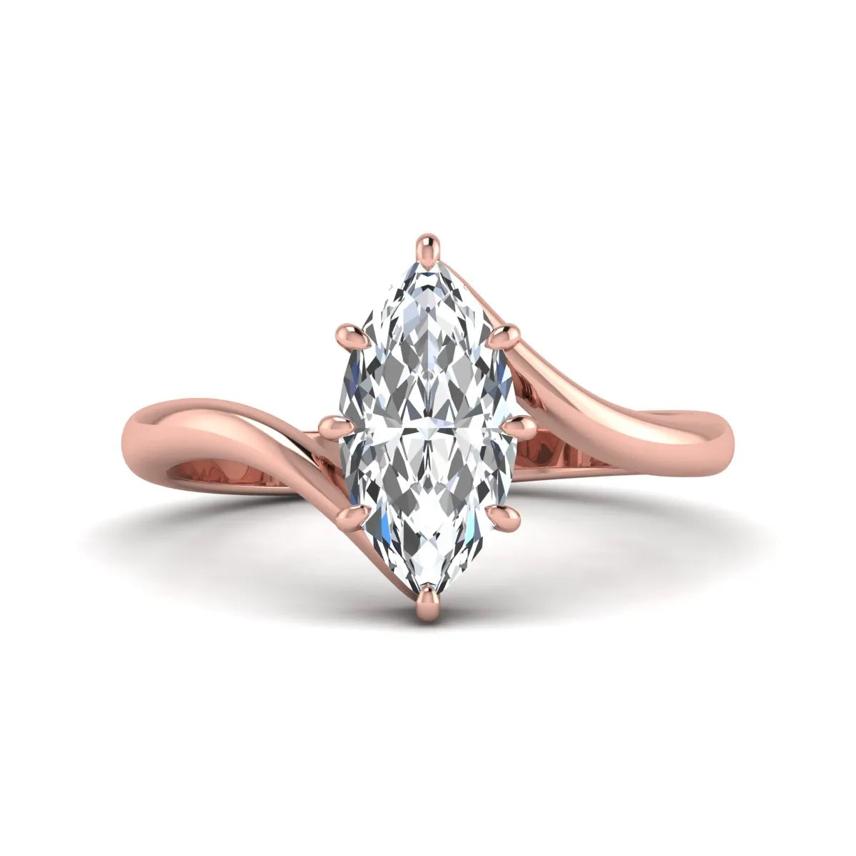 Marquise cut lab grown diamond solitaire engagement ring featuring a graceful bypass band with a six-prong setting in a polished rose gold tone.