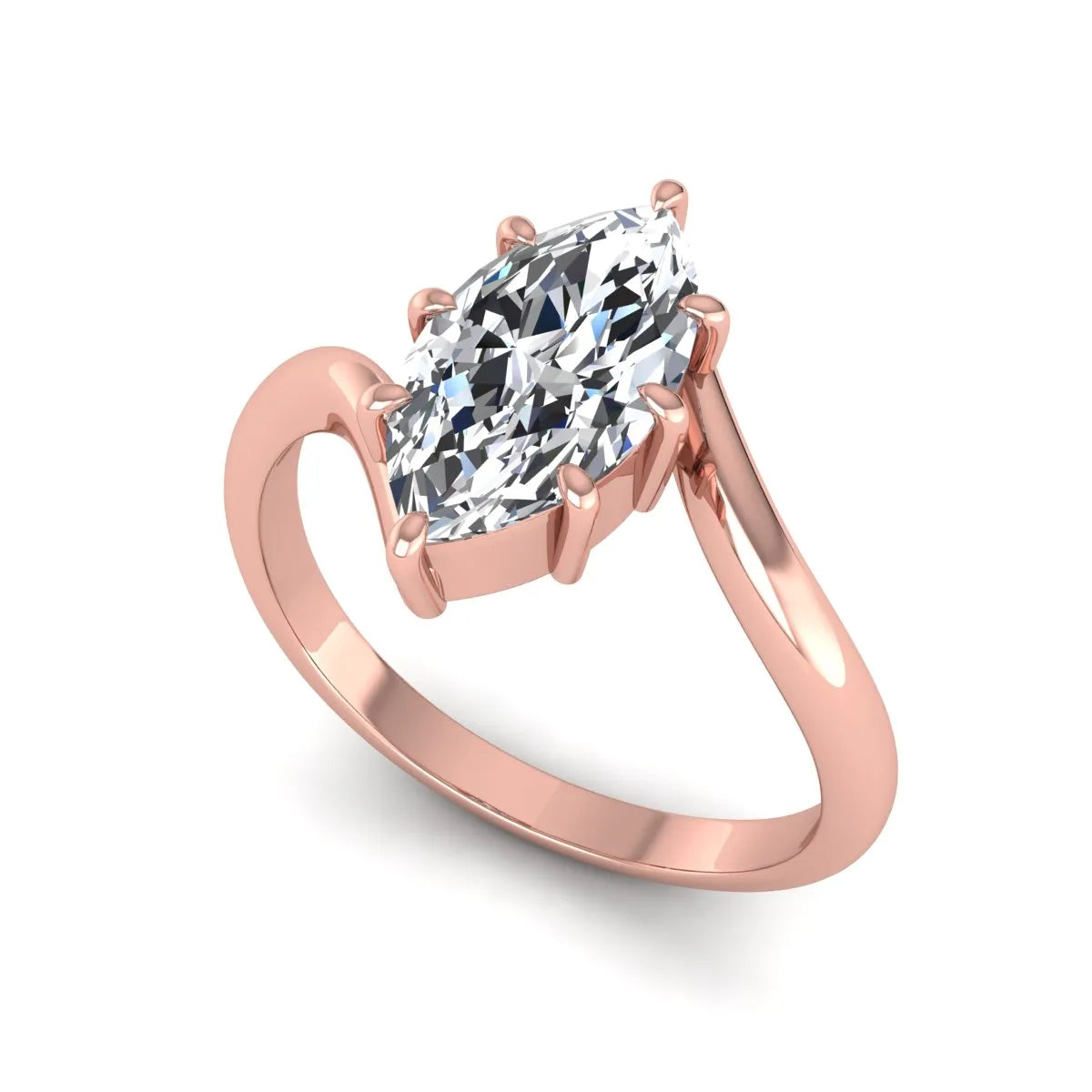 Marquise cut lab grown diamond solitaire engagement ring featuring a graceful bypass band with a six-prong setting in a polished rose gold tone.