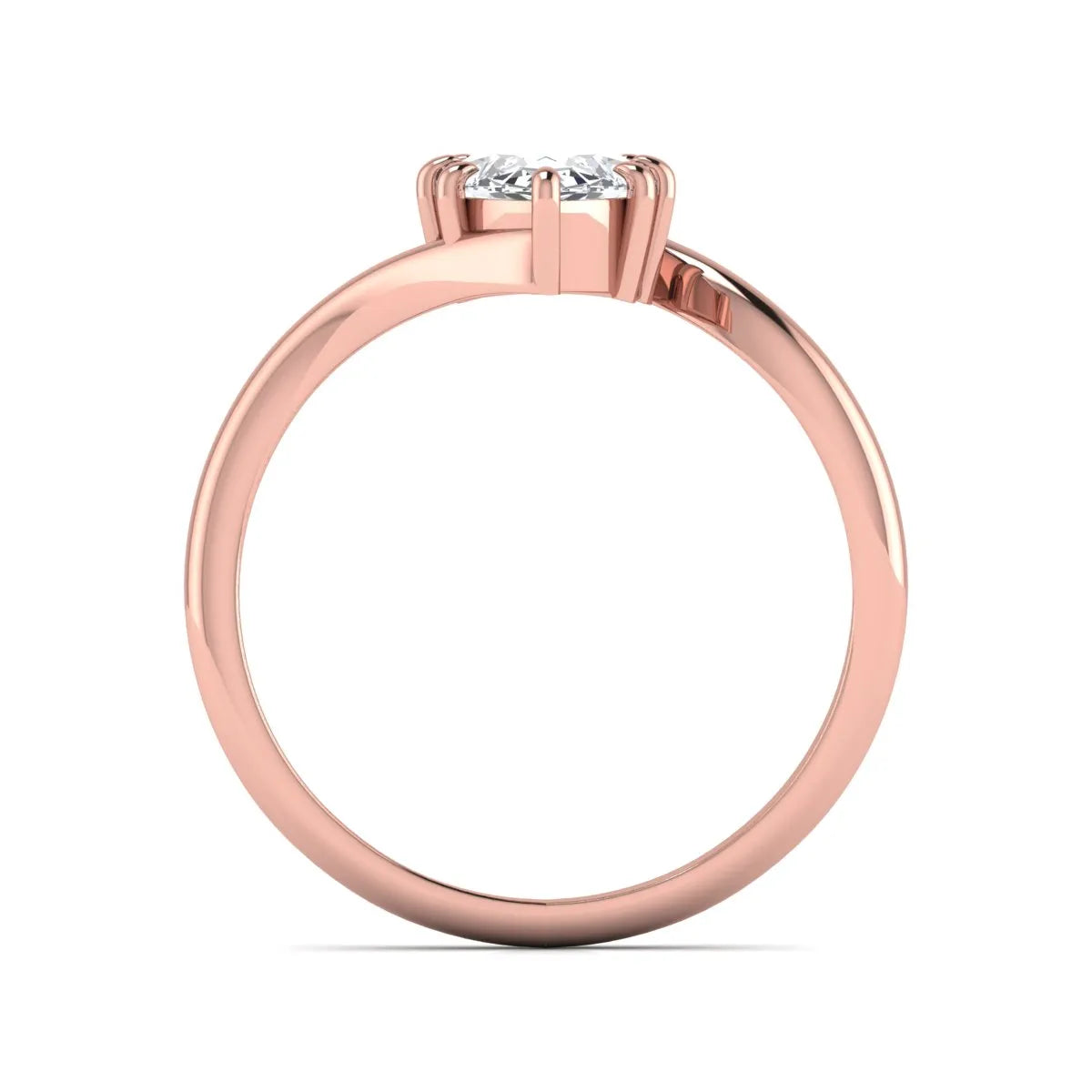 Marquise cut lab grown diamond solitaire engagement ring featuring a graceful bypass band with a six-prong setting in a polished rose gold tone.