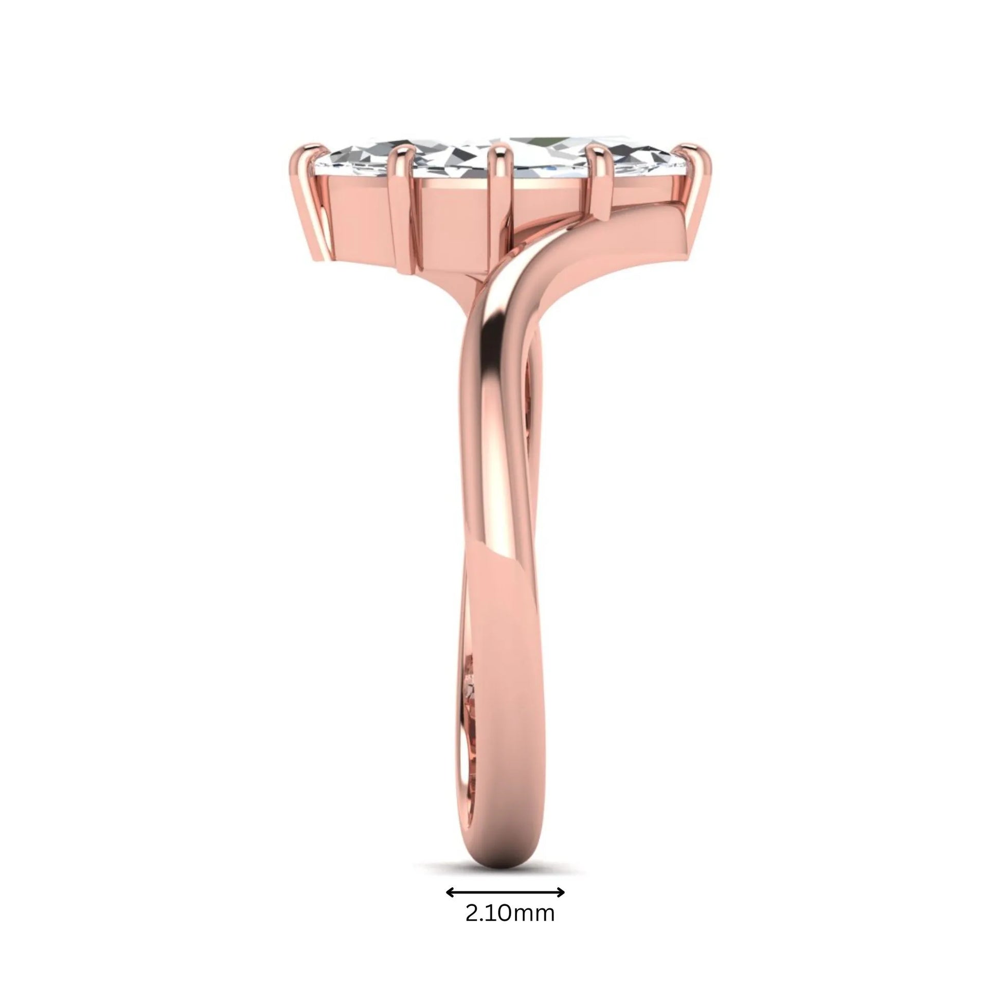 Marquise cut lab grown diamond solitaire engagement ring featuring a graceful bypass band with a six-prong setting in a polished rose gold tone.